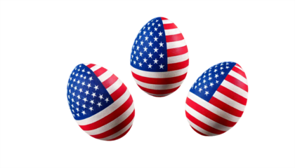 Freigestellte Ostereier, kunstvoll mit den Farben und Mustern der USA-Flagge bemalt: Sterne und Streifen in Rot, Weiß und Blau, symbolisieren Freiheit und Patriotismus