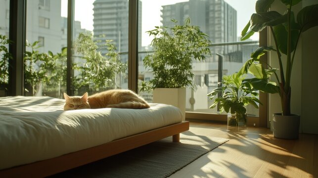 A minimalist bedroom with a pet-friendly design, featuring a pet bed integrated into the furniture