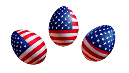 Freigestellte Ostereier, kunstvoll mit den Farben und Mustern der USA-Flagge bemalt: Sterne und Streifen in Rot, Weiß und Blau, symbolisieren Freiheit und Patriotismus
