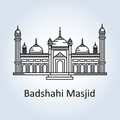 Badshahi mosque black outline Monument Lahore Pakistan, architectural landmark, golden color, illustration art