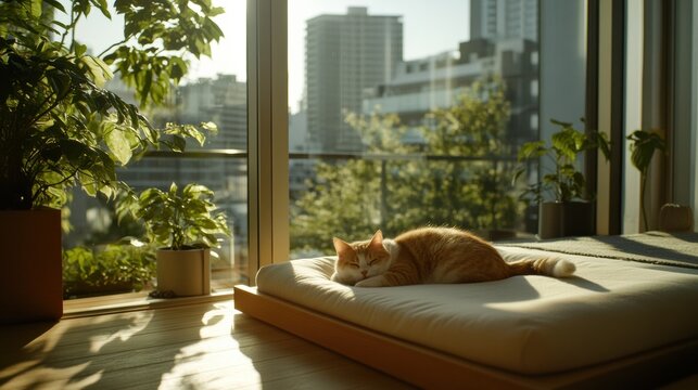 A minimalist bedroom with a pet-friendly design, featuring a pet bed integrated into the furniture