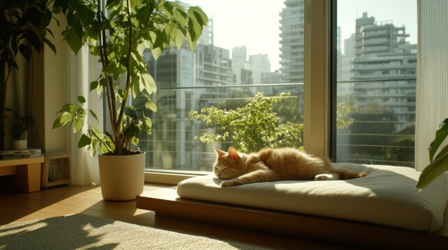 A minimalist bedroom with a pet-friendly design, featuring a pet bed integrated into the furniture