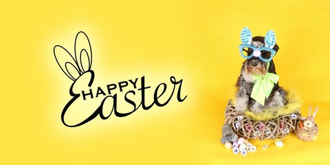 Fototapeta premium Dog dressed as an Easter bunny with the text 'Happy Easter' in panoramic format