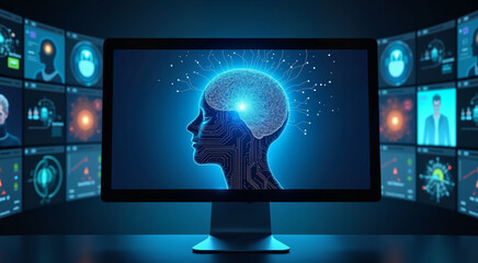Futuristic digital brain concept displayed on a computer screen. Advanced technology and neural network imagery in the background.