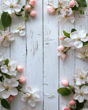 Fototapeta Spring blossoms elegantly cascading on a rustic wooden background