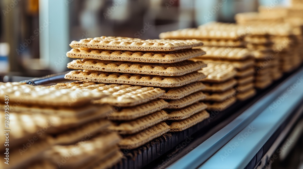 Poster stacked wafers on a production line, showcasing a busy factory environment with machinery