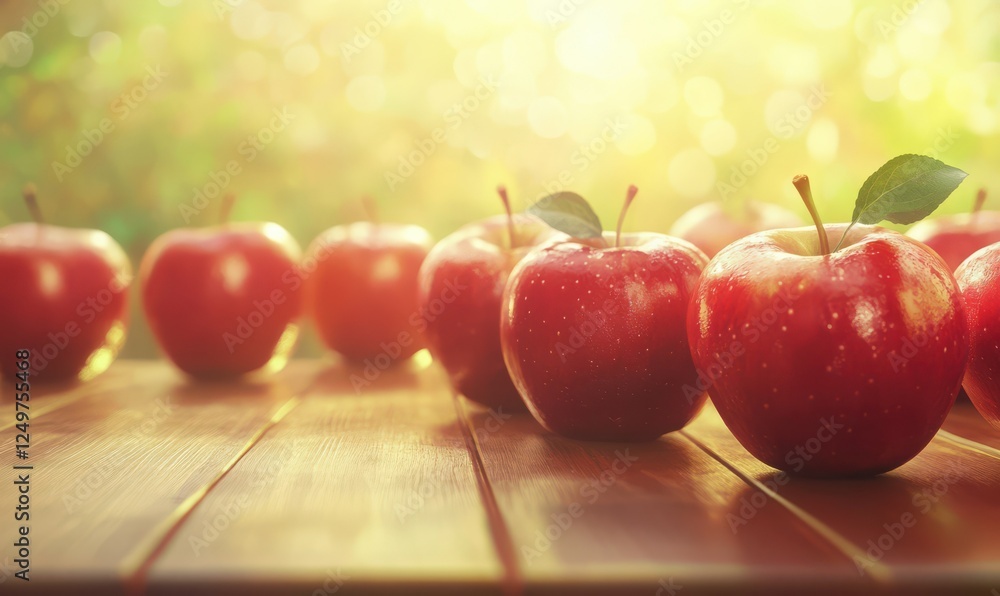 Poster cluster of shiny red apples with their stems intact, resting on a wooden table under a soft golden g
