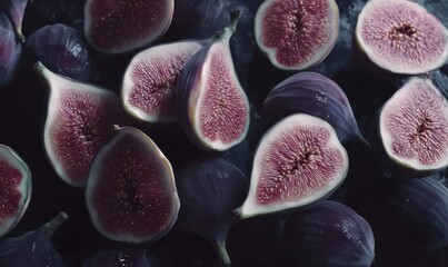 Freshly sliced figs arranged artfully on a dark rustic table, styled with contrasting light to highlight their vibrant colors and textures