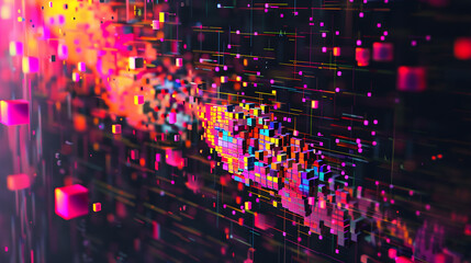 Obraz premium Pixel Craft: A Fusion of Neon Hues in a Vibrant Digital Abstract Artwork
