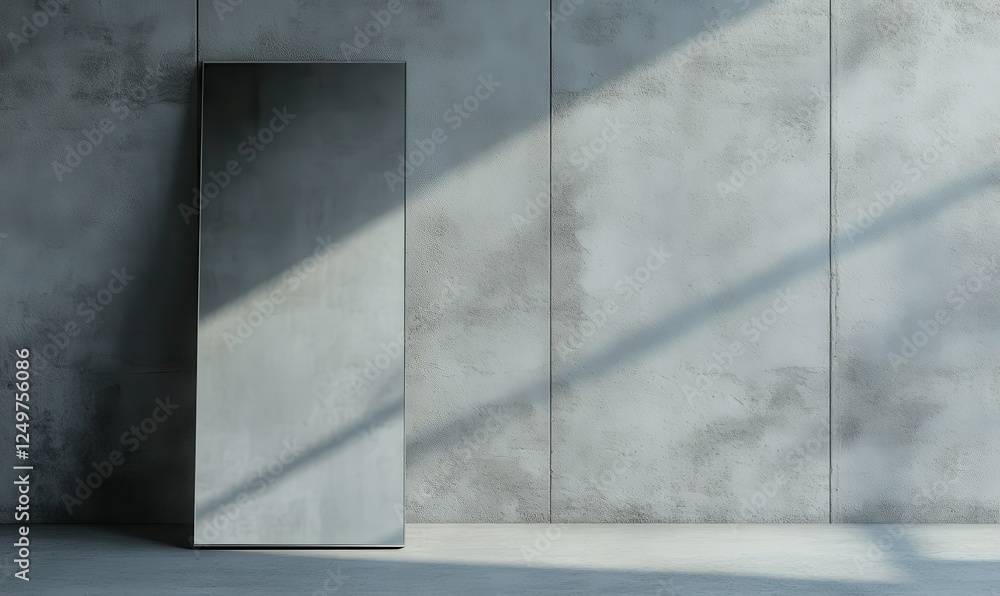 Poster frame-less mirror leaning against a concrete wall with subtle reflections, creating a minimalist int
