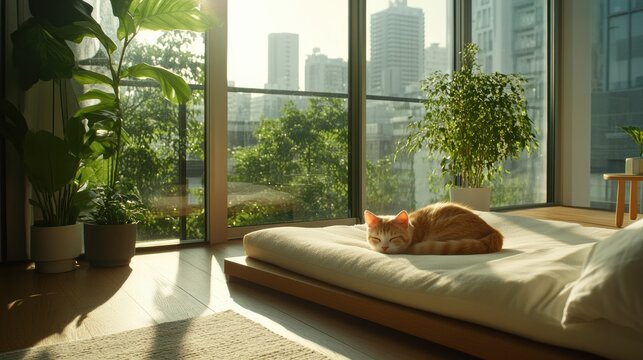 A minimalist bedroom with a pet-friendly design, featuring a pet bed integrated into the furniture