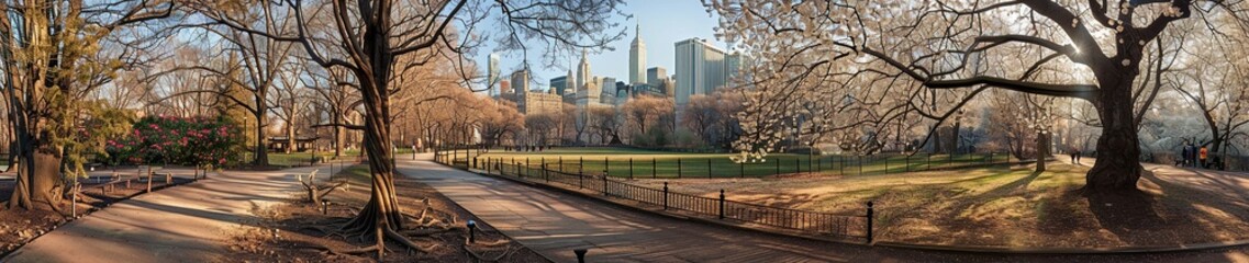 Autumn Park Scene with Fallen Leaves and Bare Trees
