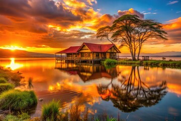 Fototapeta premium Capture Kenya's Naivasha sunset: vibrant oranges, wildlife silhouettes, lakeside charm.