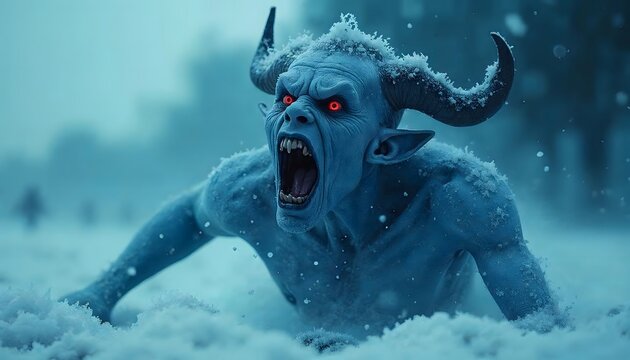 Roaring Horned Ice Creature Emerges from Snow with Red Eyes