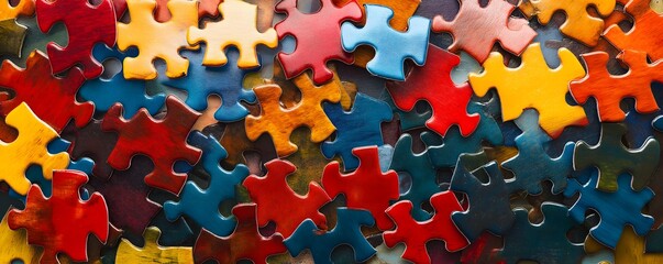 Colorful close-up of scattered jigsaw puzzle pieces in vibrant red, yellow,and blue hues, symbolizing creativity, problem-solving, and collaboration.
