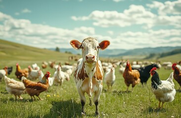 Fototapeta premium Idyllic countryside scene with a black-and-white Jersey cow, chickens, and sheep grazing in a green pasture under a blue sky