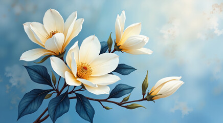 White magnolia blossoms on a branch. Elegant floral painting against a soft blue background.