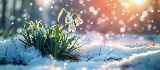 Green Plants Growing Through Snow Under Warm City Lights