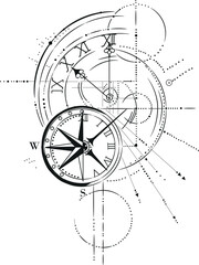 Vector composition of compass and clock, working sketch of tattoo