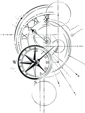 Vector composition of compass and clock, working sketch of tattoo