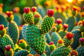 Close-up tilt-shift reveals a spiny Opuntia leucotricha, its dried flowers contrasting against vibrant green pads.