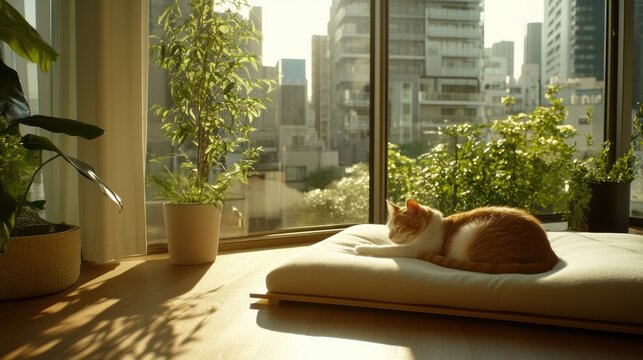 A minimalist bedroom with a pet-friendly design, featuring a pet bed integrated into the furniture