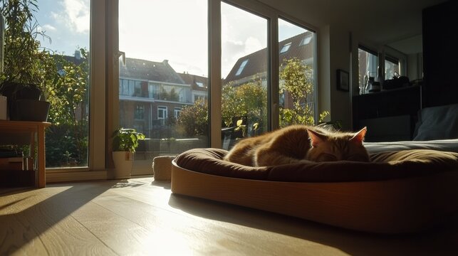 A minimalist bedroom with a pet-friendly design, featuring a pet bed integrated into the furniture