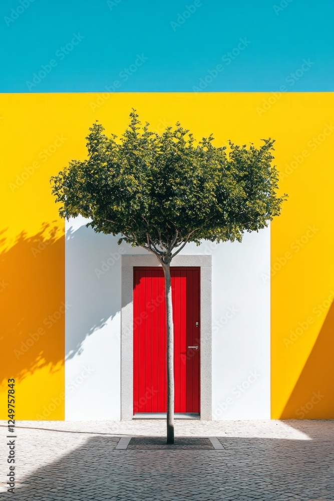 Poster a striking visual captures a minimalist urban setting with a bright red door that pops against yello
