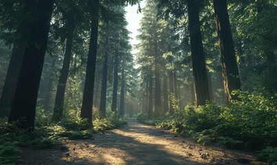 Obraz premium Serene forest trail lined with towering pines and dappled sunlight breaking through the canopy.