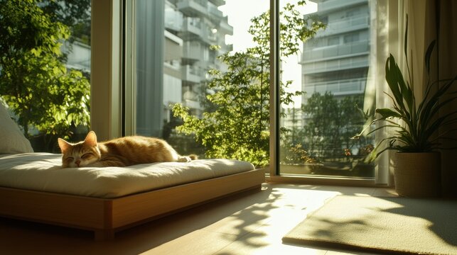 A minimalist bedroom with a pet-friendly design, featuring a pet bed integrated into the furniture - Powered by Adobe