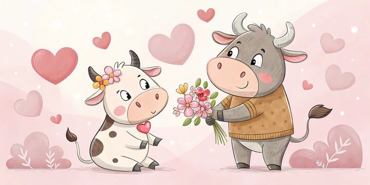 Ilustracion Vaca y Toro con Ramo de Flores en San Valentin