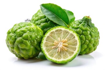 Obraz premium Crisp, high-resolution macro shot of fresh bergamot slices, perfectly isolated on a pure white background.