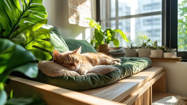 A minimalist bedroom with a pet-friendly design, featuring a pet bed integrated into the furniture
