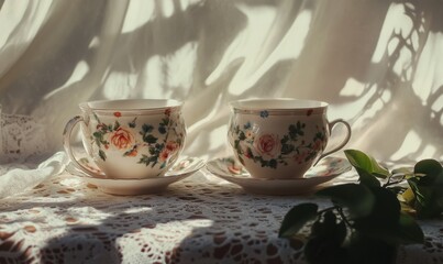 Delicate porcelain teacups with a floral design, placed on a lace tablecloth with soft natural light streaming in