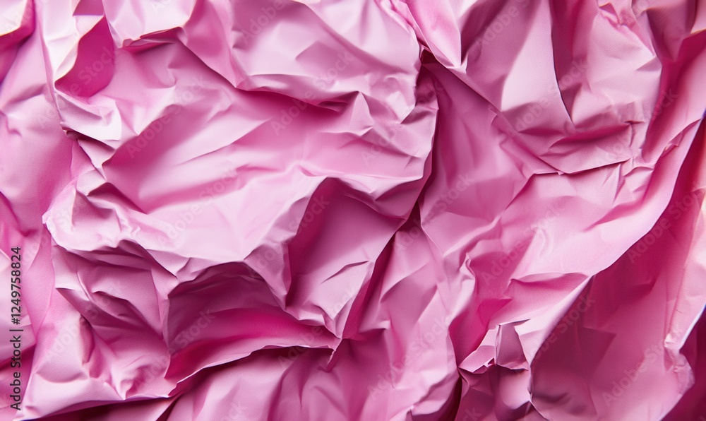 Poster crumpled pink paper with detailed texture, subtle lighting adding depth and a tactile quality to the
