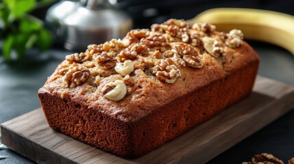 Baking delicious banana walnut bread home kitchen food photography cozy environment close-up view culinary delight