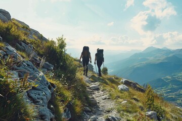 Obraz premium Friends hiking up a mountain trail