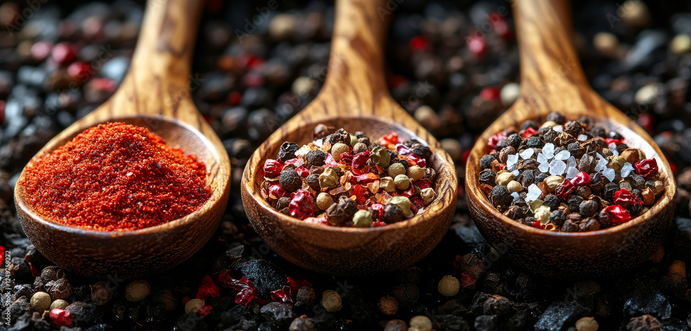 Poster three spoons of different spices are shown on a black background. the spoons are arranged in a row, 