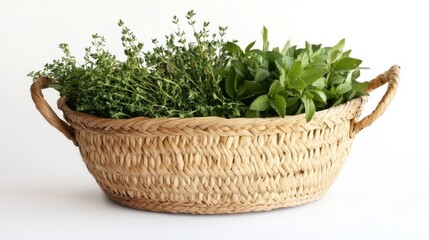 Naklejka premium Harvesting fresh herbs in a woven basket kitchen table display natural light culinary inspiration