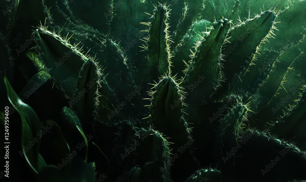 Poster dramatic close-up of deep green cactus pads with sharp spines, illuminated by side lighting for stro