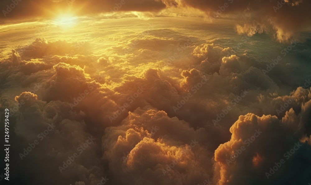 Poster dramatic clouds illuminated by the soft glow of the sun, creating a surreal sky scene with contrasti