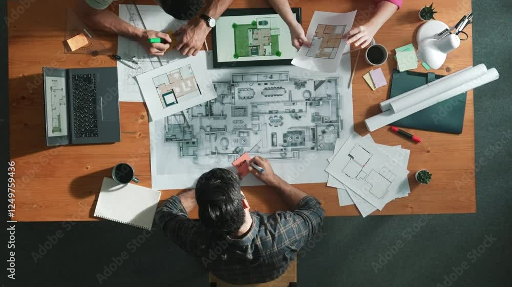 Poster top down view of civil engineer handed document while looking at blueprint. aerial view of architect