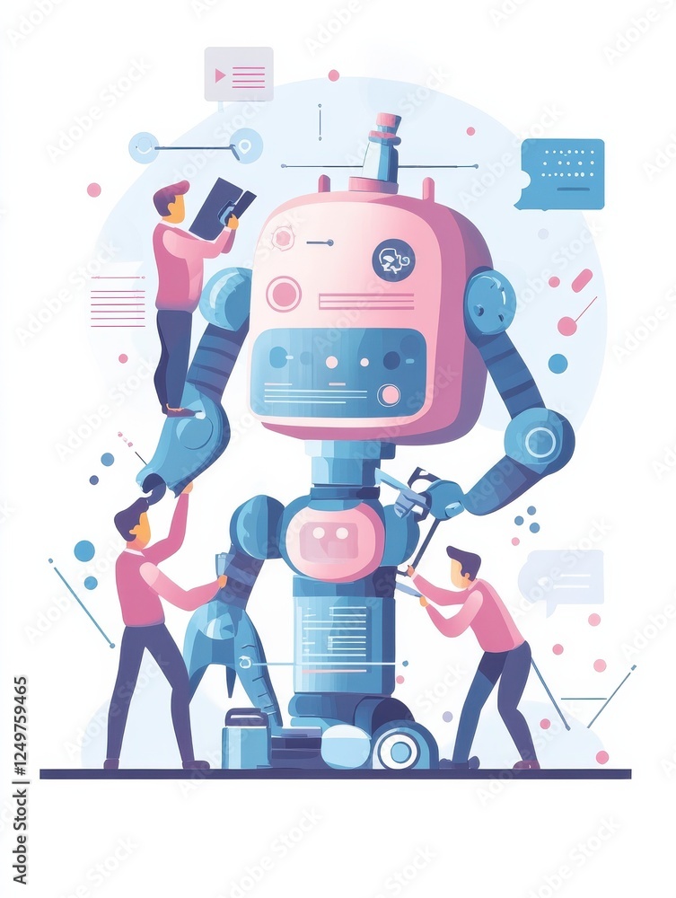 Poster developers with wrench work on chatbot application development. chatbot app development, bot develop