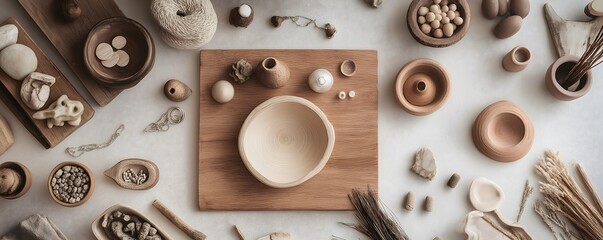 Photograph of a minimalist artisan workspace with handmade ceramic bowls, natural textures, neutral tones, and carefully arranged tools, conveying calm, craftsmanship, and modern design.
