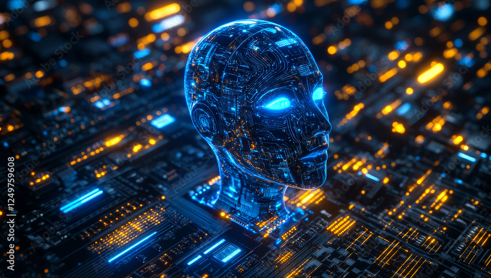 Poster a computer generated image of a head with blue eyes and a yellow face. the image is surrounded by a 