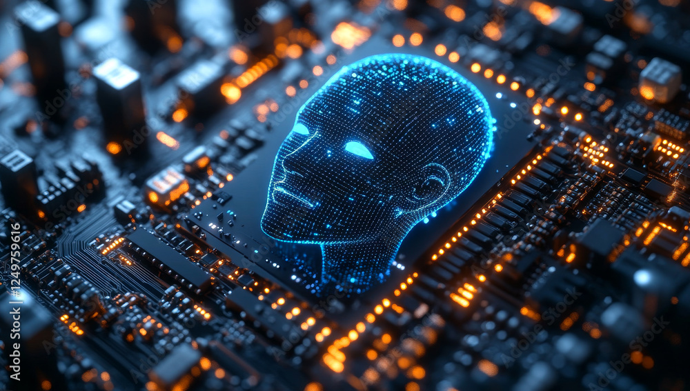 Poster a computer chip with a face on it. the face is blue and orange. the chip is on a black background