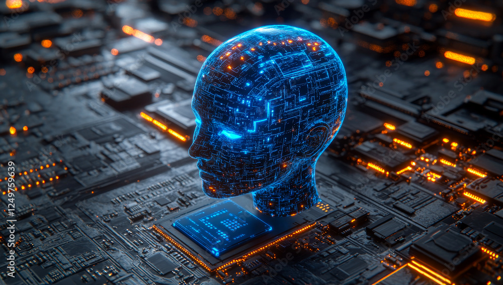 Poster a computer chip with a blue head on it. the head is surrounded by a lot of circuitry and wires