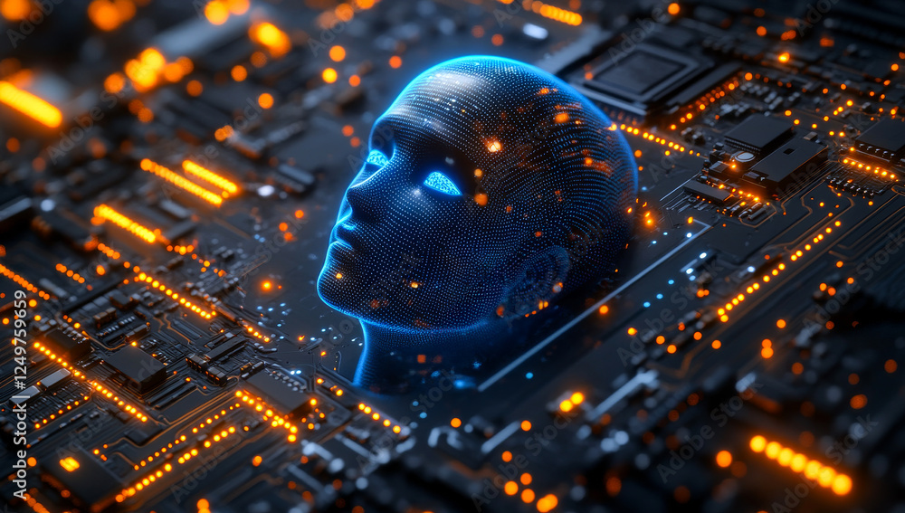 Poster a computer chip with a blue face on it. the face is surrounded by orange lights. the image conveys a