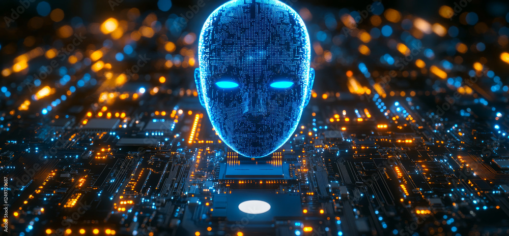 Aufkleber a computer chip with a blue face on it. the face is surrounded by a cityscape of computer chips