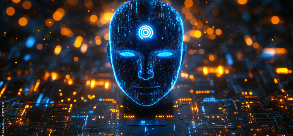 Poster a computer generated face with a blue eye and a red dot in the middle. the face is surrounded by a c